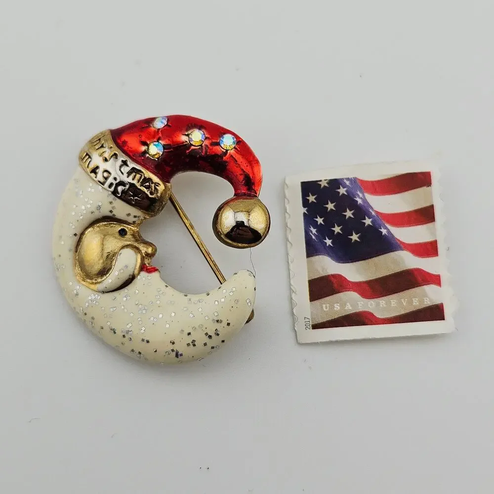 AAI Santa Hat Moon Brooch Pin Christmas Magic Celestial Glitter Enamel Vintage